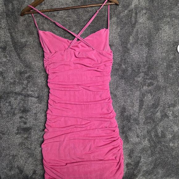Lucy In The Sky Going Out Dress Clubbing Hot Pink Ruched Mini Dress Size Small - Picture 2 of 7